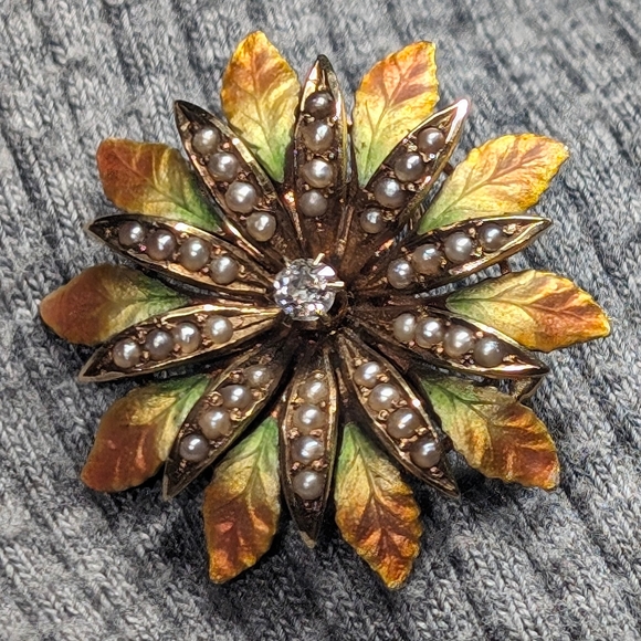 Antique Edwardian 14K Gold Enamel Diamond Seed Pearl Flower Pendant Brooch 1" - Picture 5 of 11